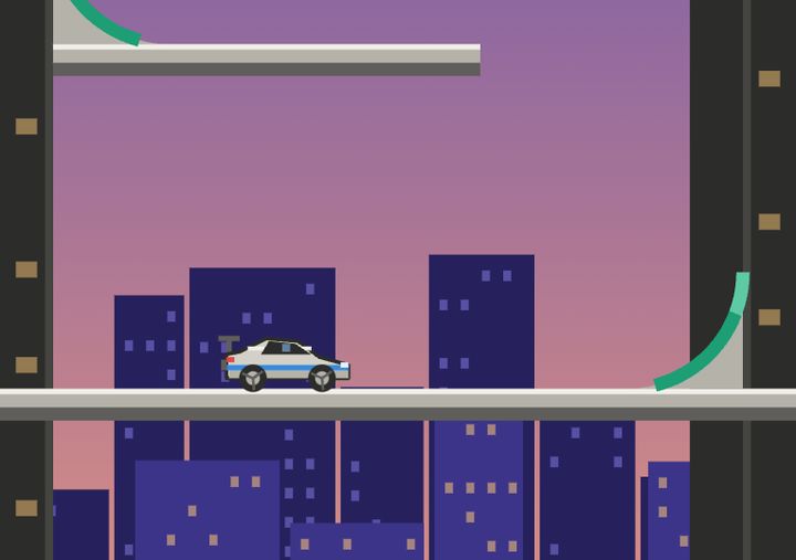 Climb gameplay: the car on a ledge inside a tower at dusk
