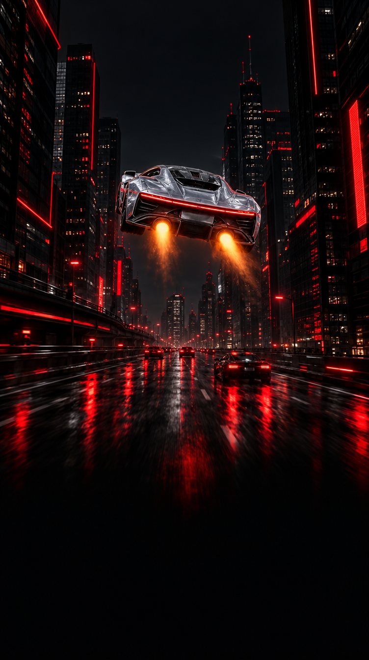 The silver rocket car flying through a neon city at night