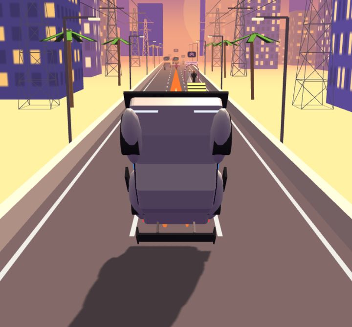Kickflip gameplay: the car mid-backflip over a sunset freeway